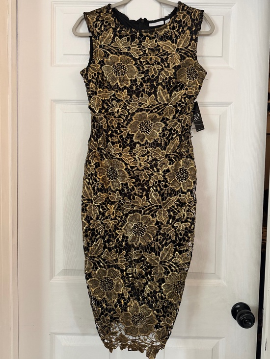 New York & Company Dresses & Skirts - New York & Company Black and Gold Floral Lace Midi Sheath Dress
